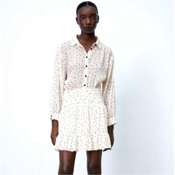 Zara Cream Black Dotted Swiss Long Sleeve 1/2 Button Collared Ruffle Hem Dress - Picture 14 of 14